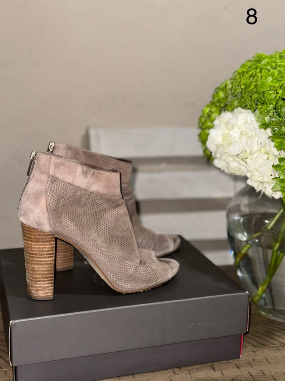 Suede Taupe Peep-Toe Block Heel Booties - Women